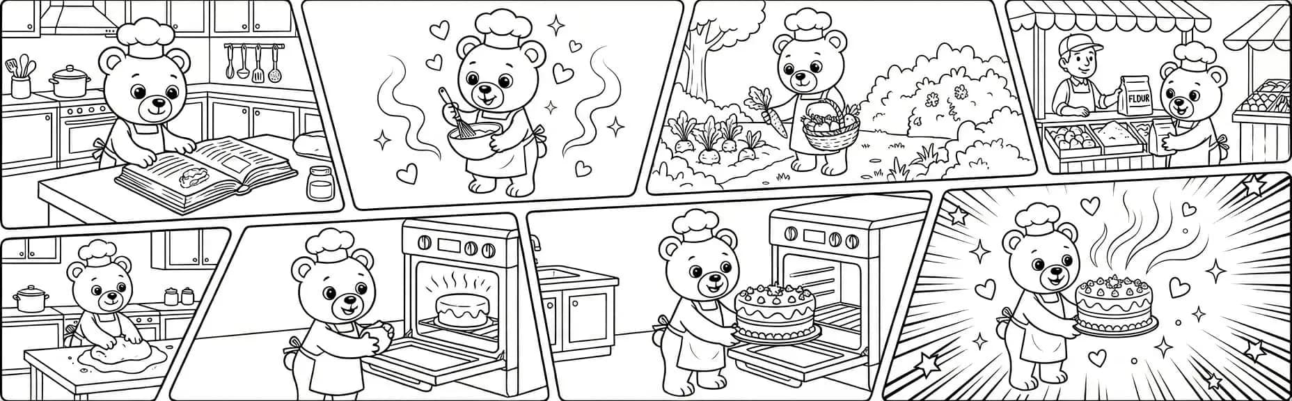 Comic strip style coloring book page featuring a cute bear chef baking a cake