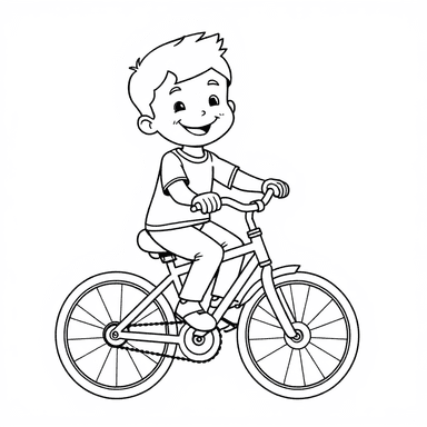 Black and white coloring page of a smiling boy on a bicycle