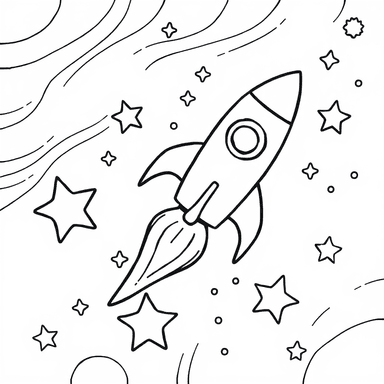 Coloring page of a rocket flying through space with stars, minimalist style
