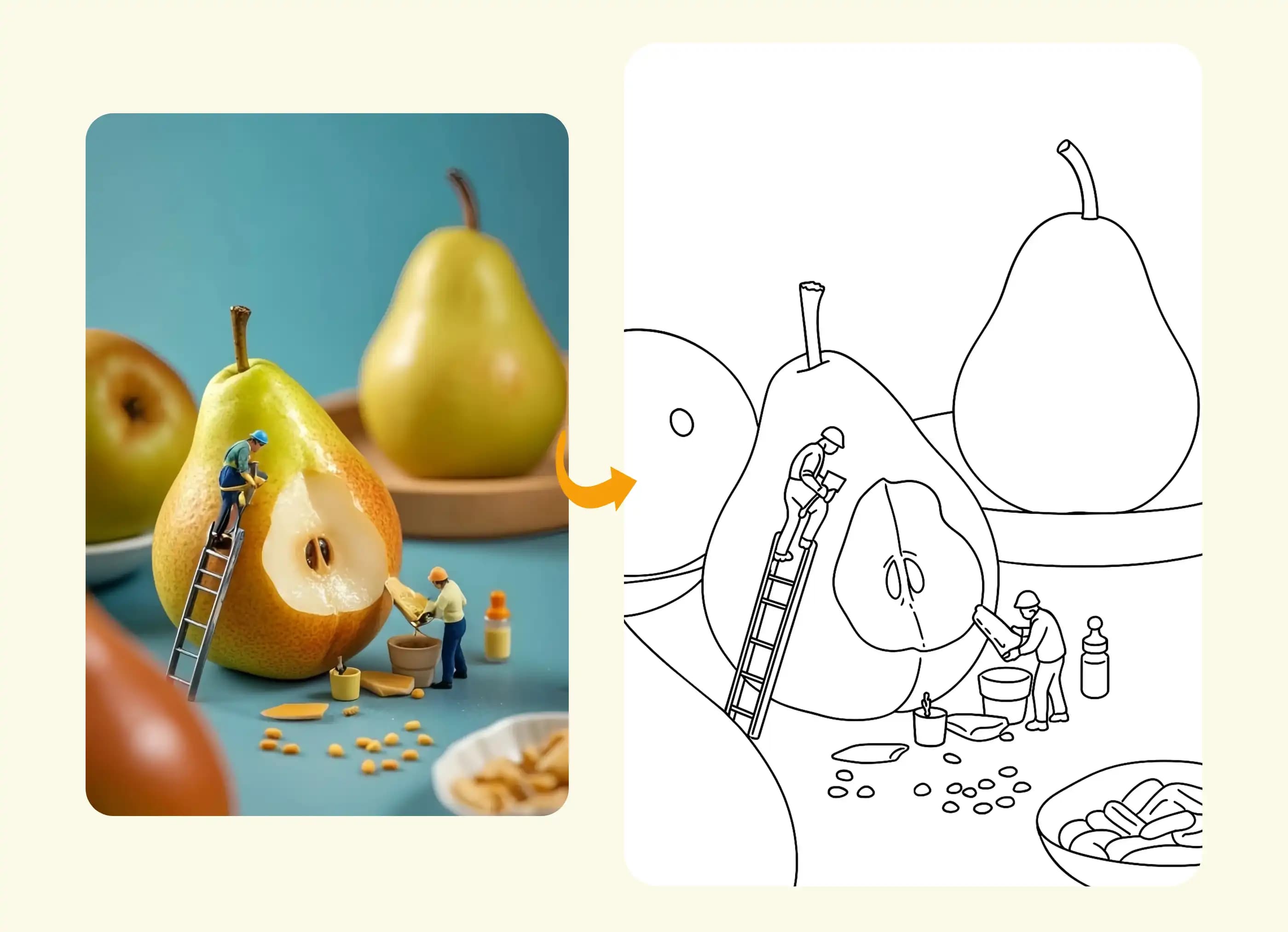 Detailed pear and mini figurines as creative line art coloring page.