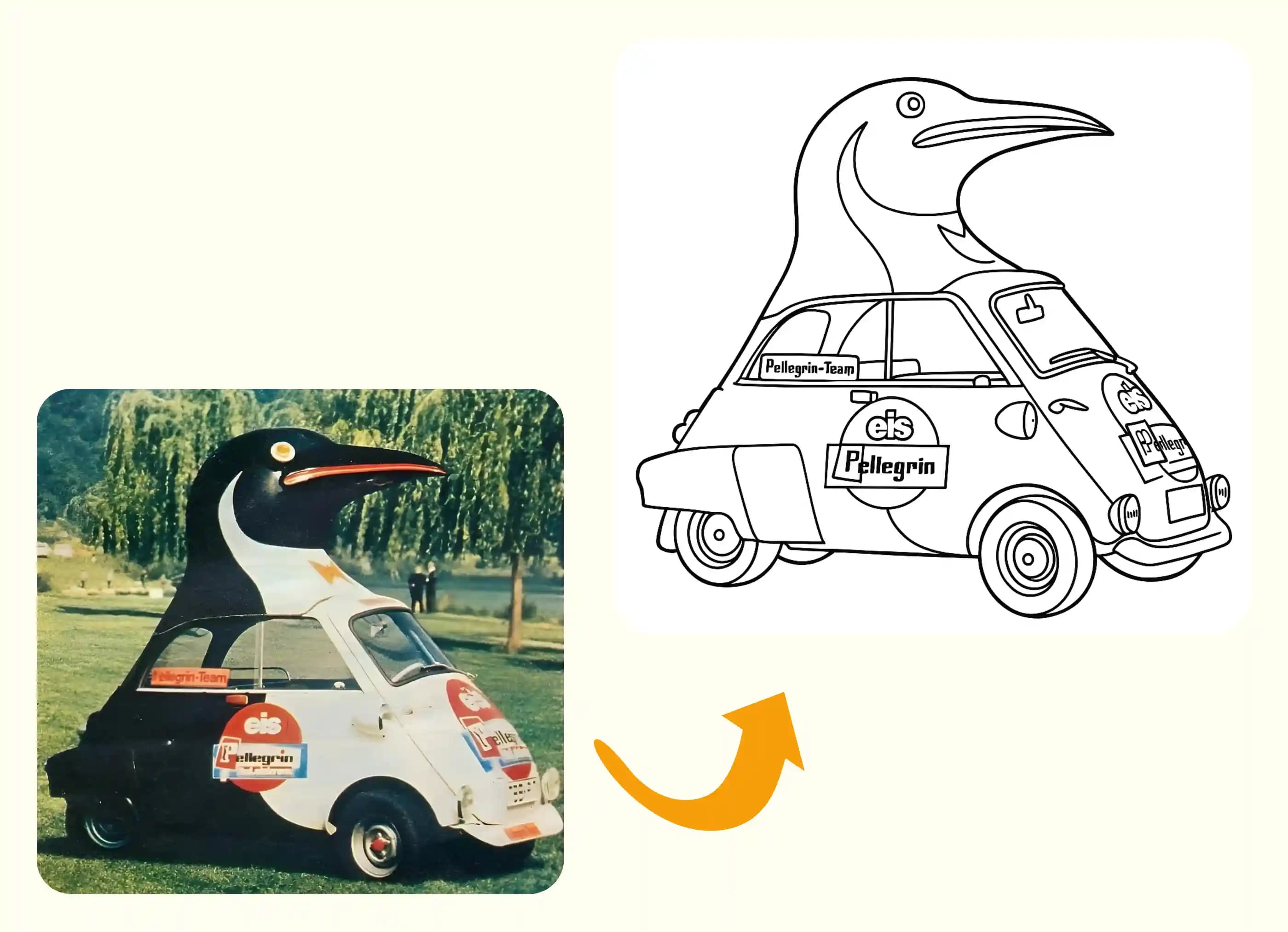Penguin-shaped car recreated into printable coloring page design.