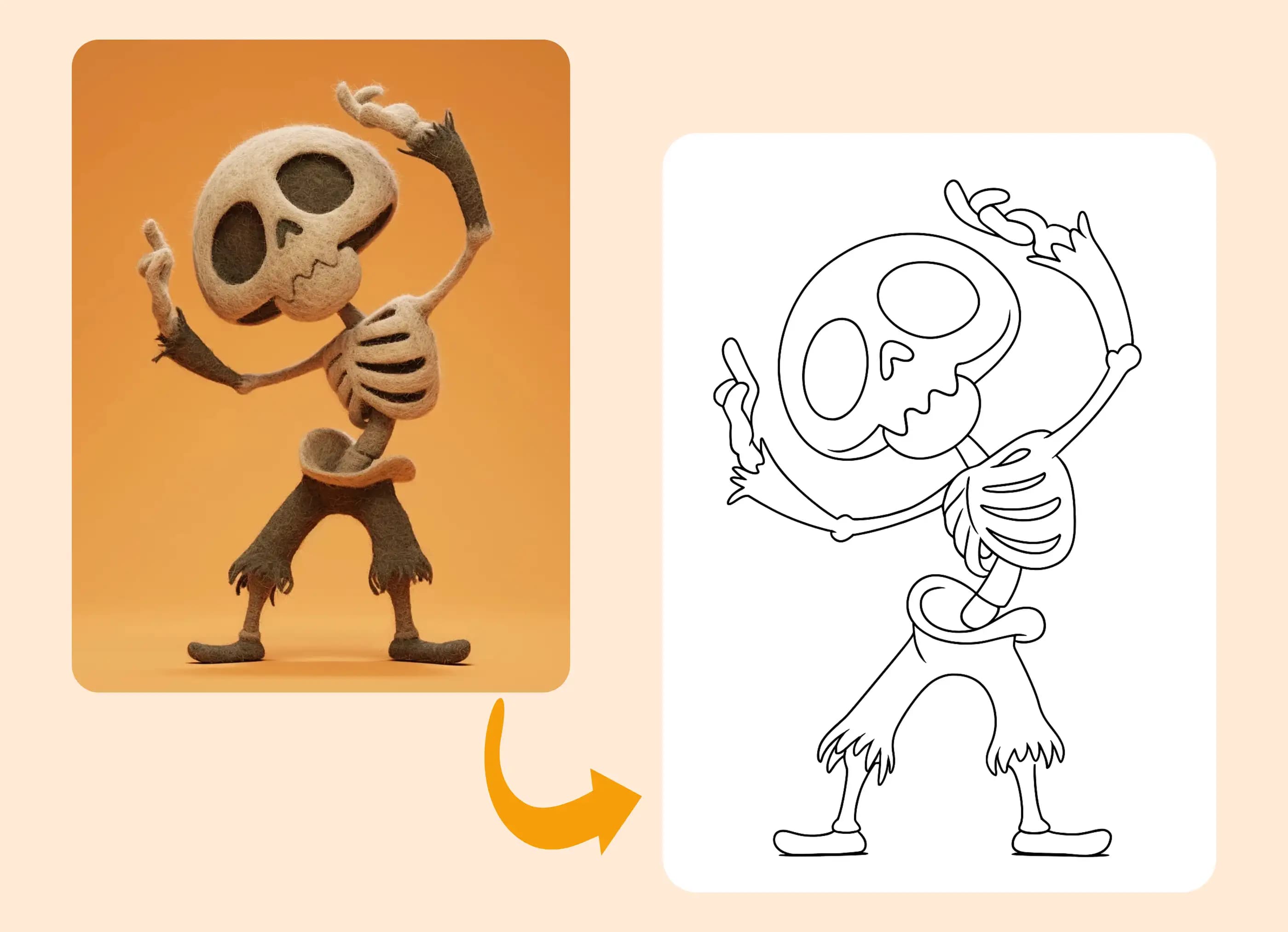 Dancing skeleton figure transformed into bold line art coloring page.
