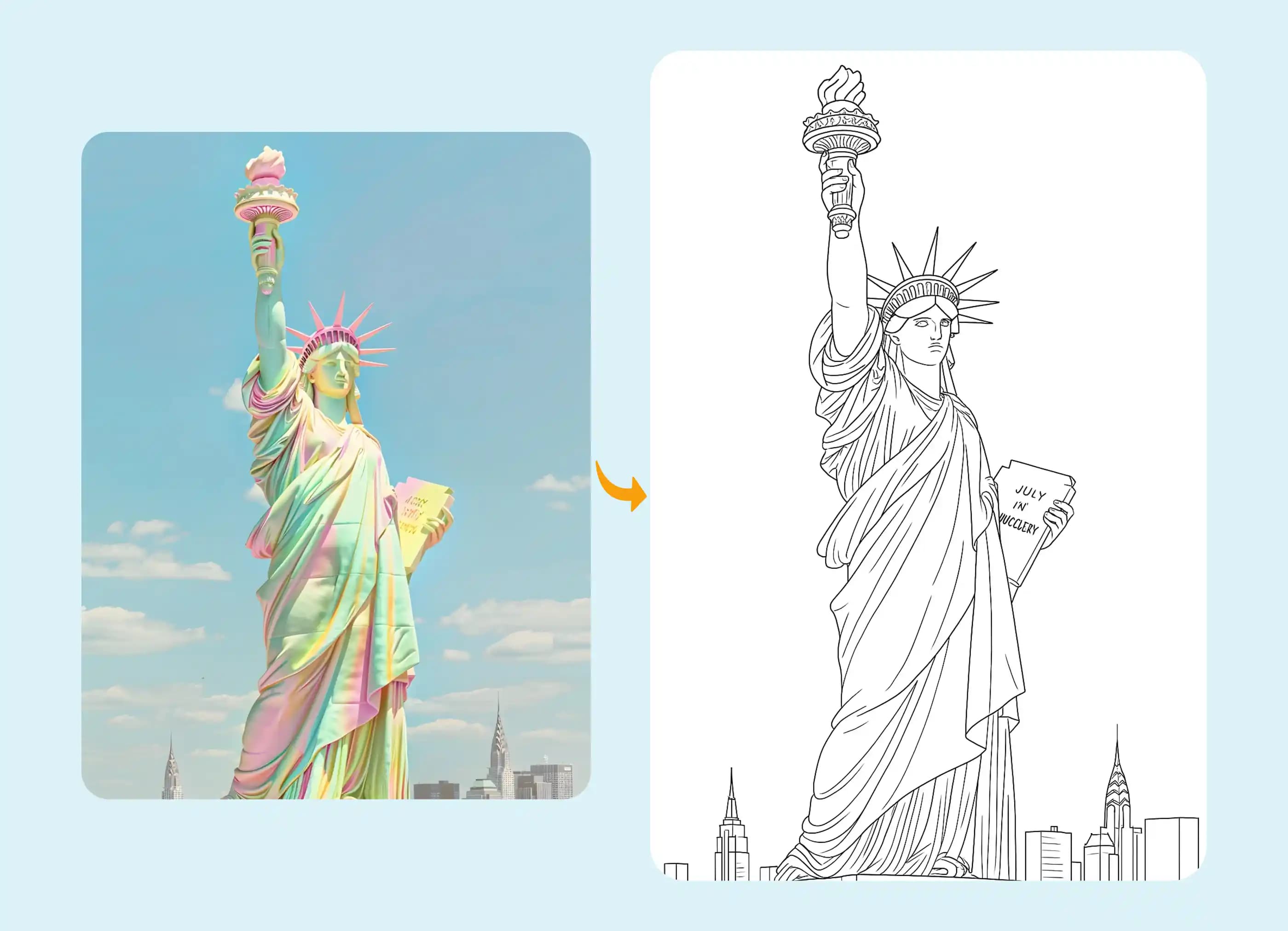 Colorful Statue of Liberty turned into detailed line art coloring page.