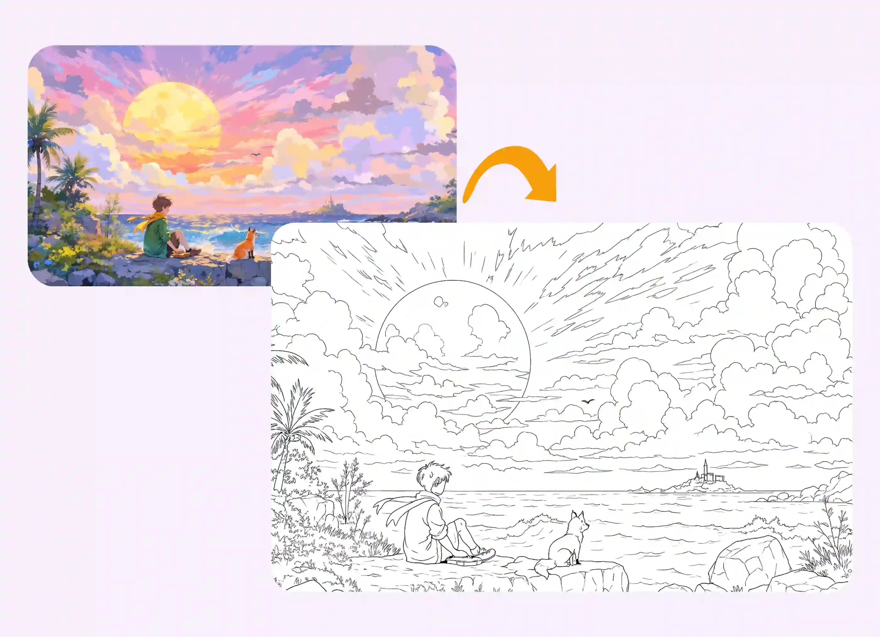 Majestic sunset scenery transformed into printable coloring page art.