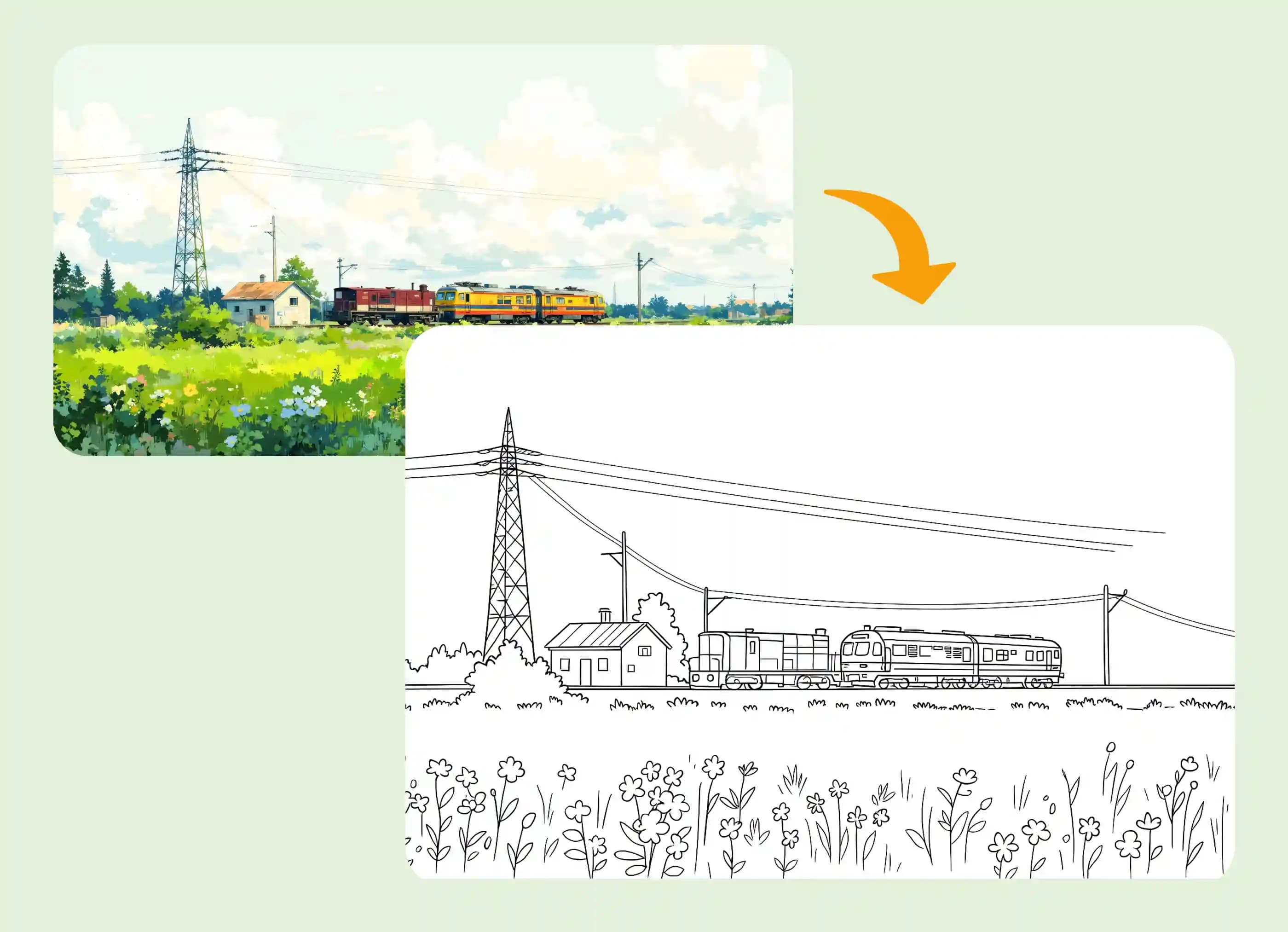 Countryside train scene turned into a simple line art coloring page.
