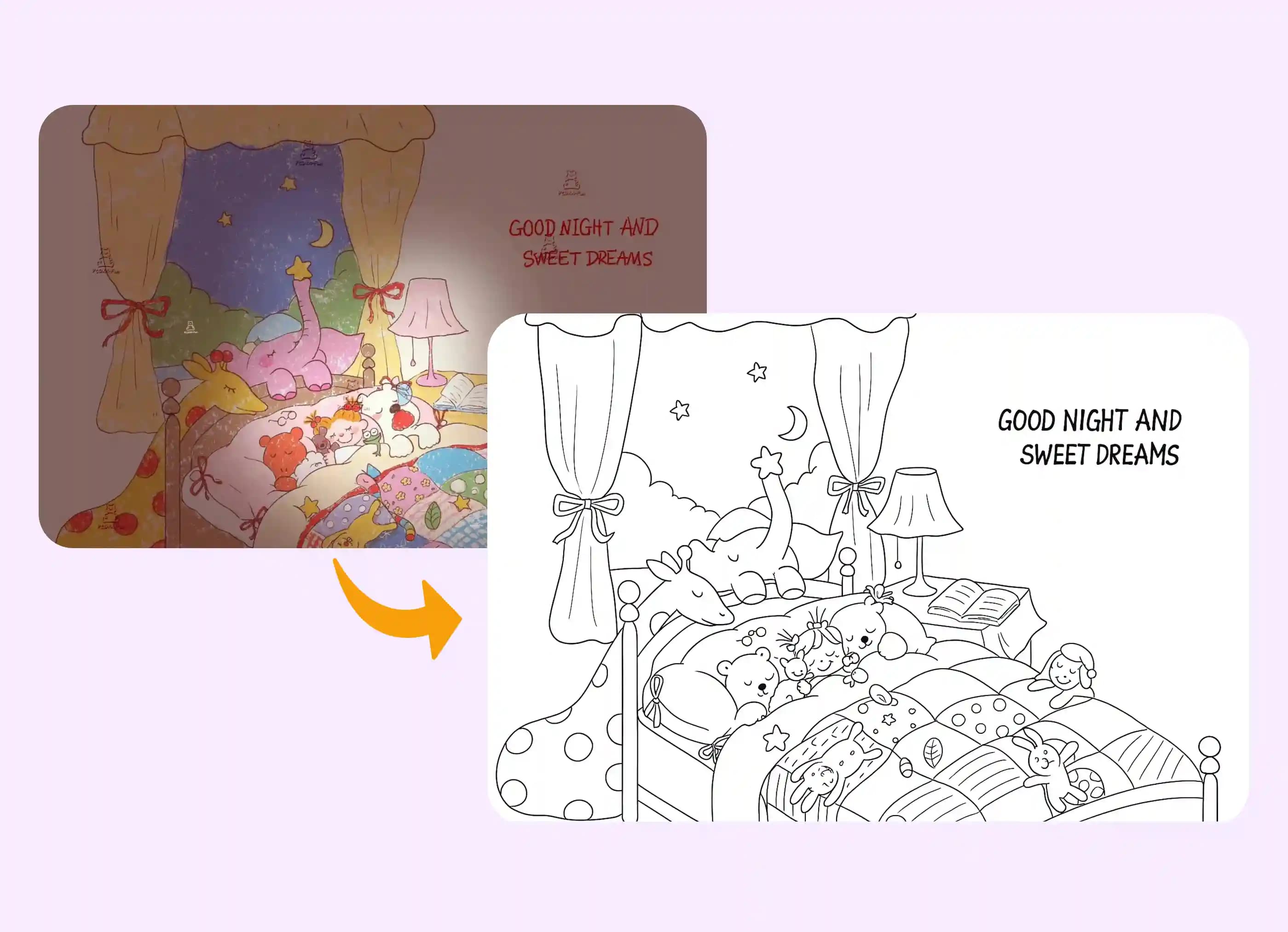 Cozy bedroom with animals as creative coloring page design.