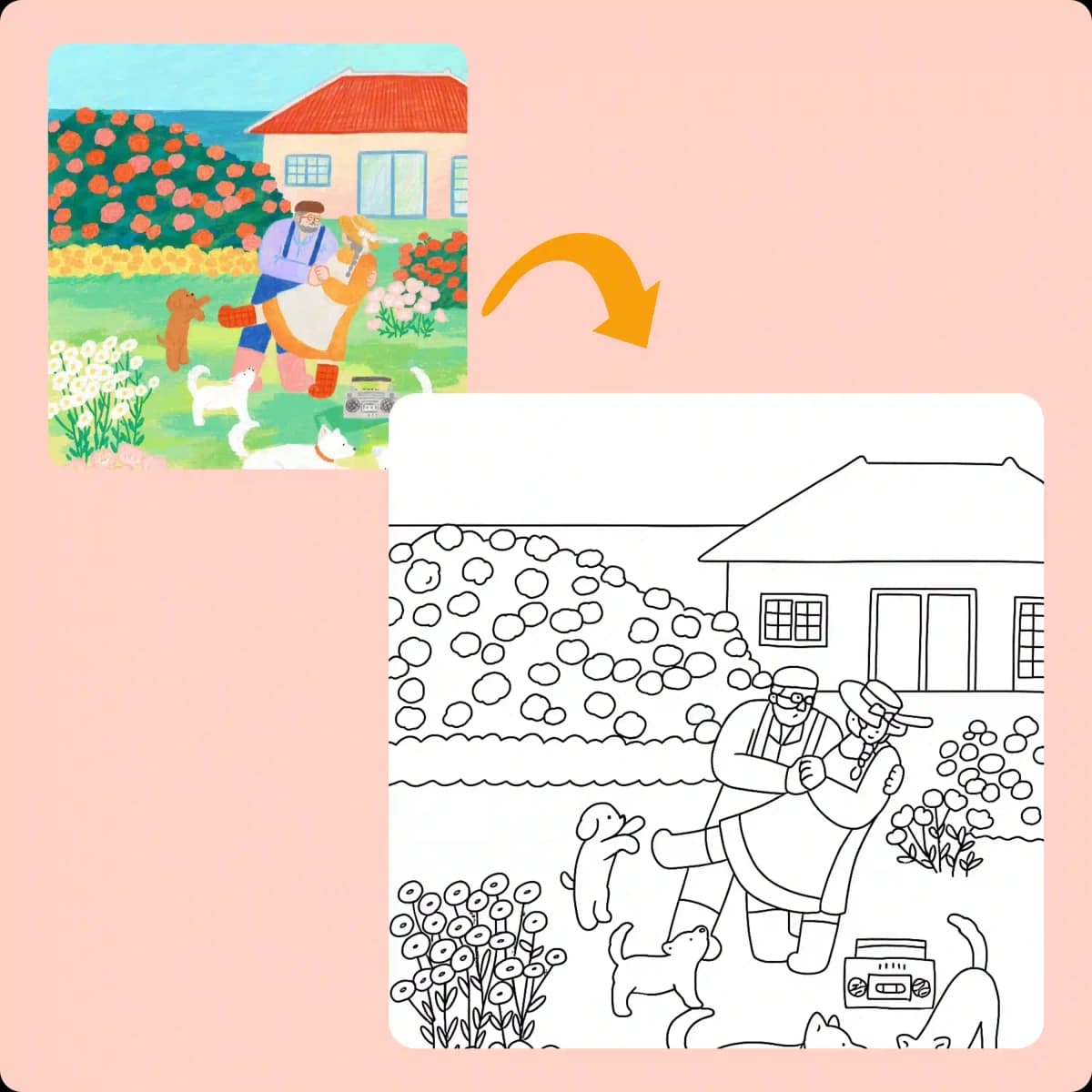 Joyful dance in colorful garden turned into printable line art page.