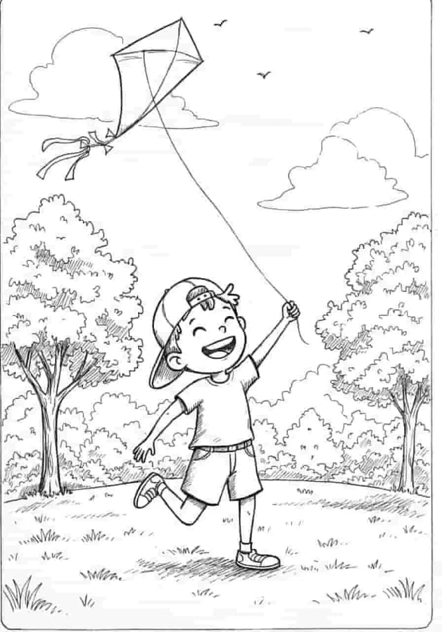 Seni garis anak laki-laki menerbangkan layang-layang di luar ruangan