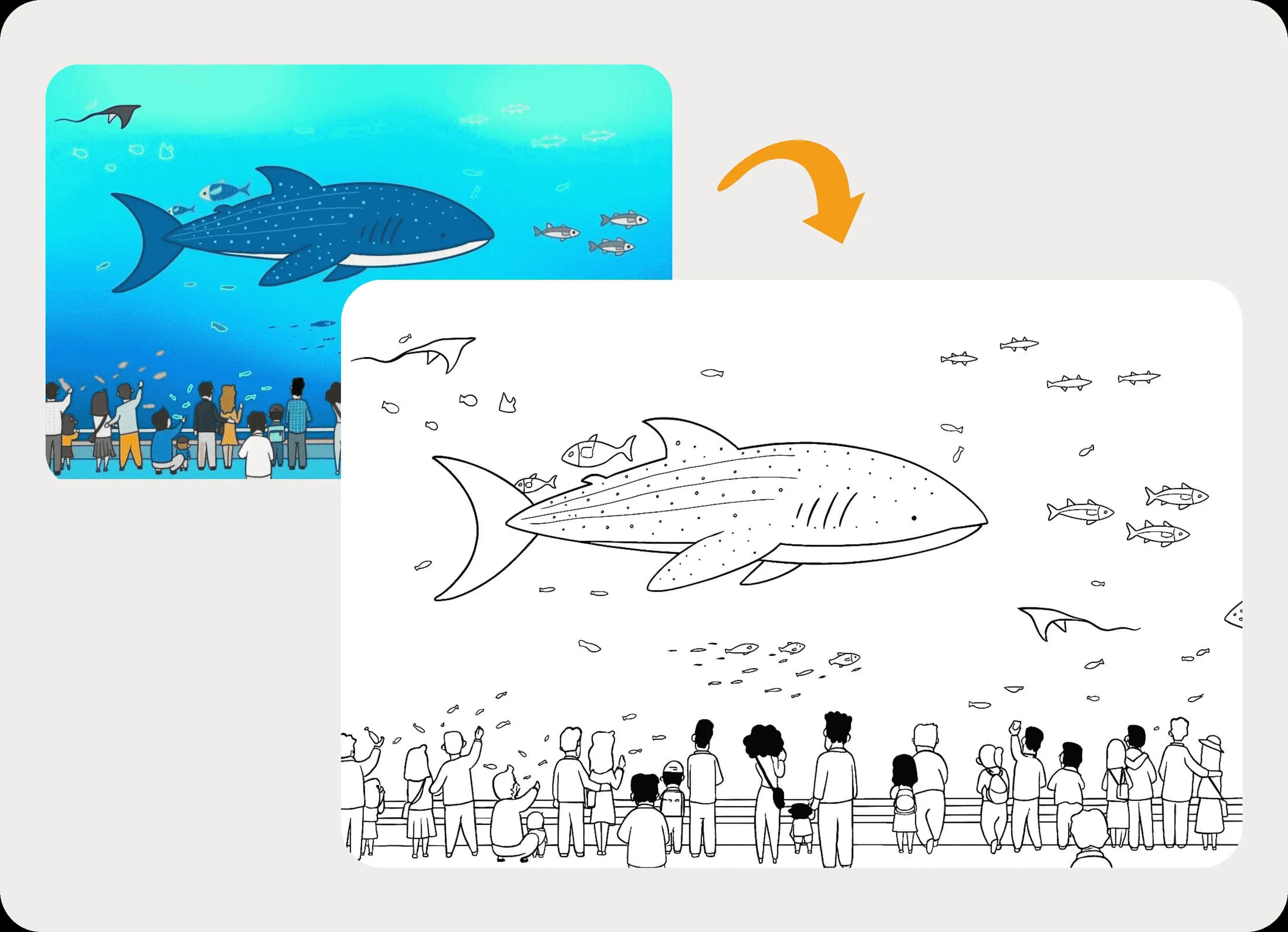 一張色彩豐富的帶鯨鯊的水族館場景的轉換前後對比：已變成一張可列印的線稿著色頁。