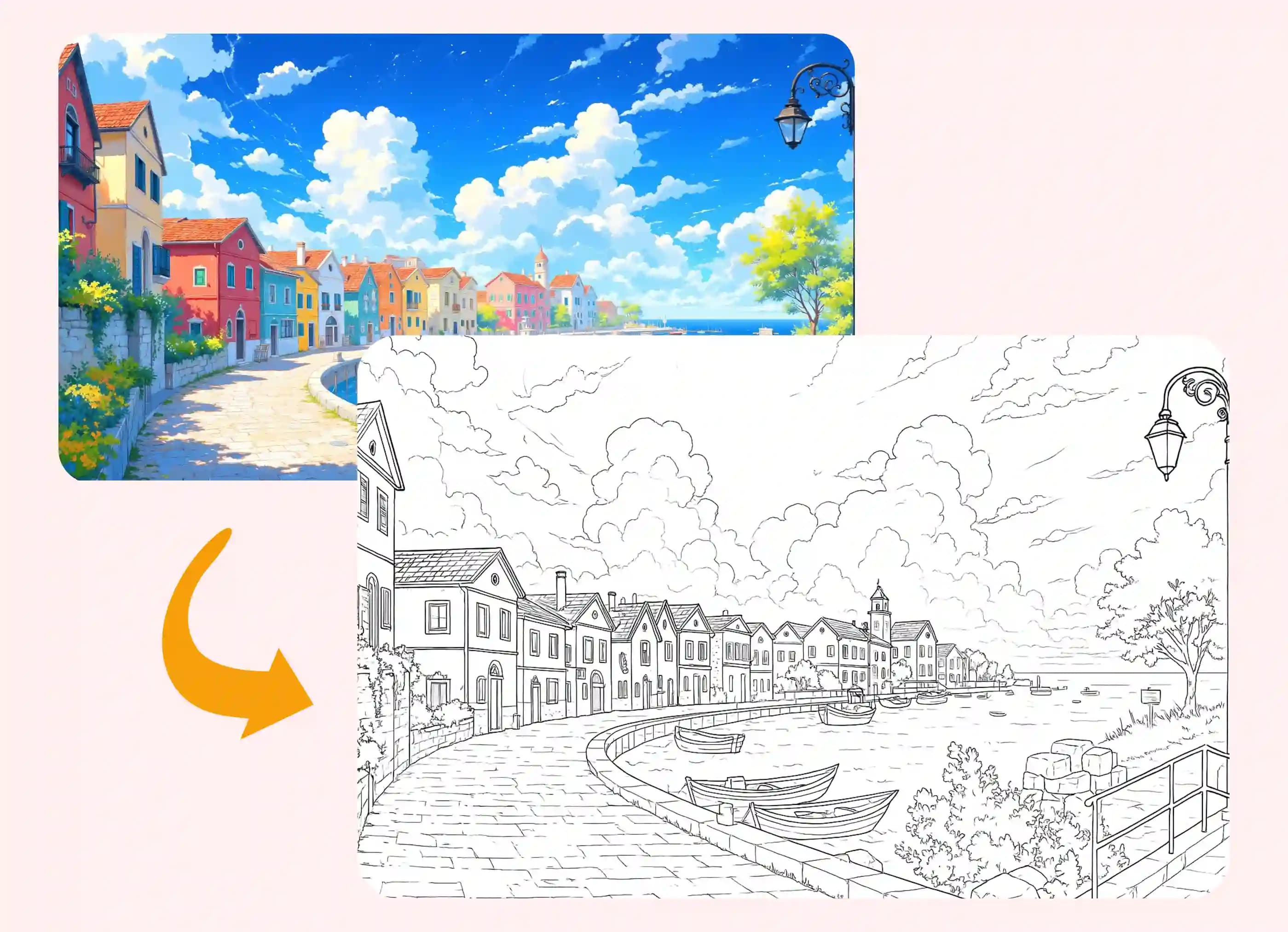 Case costiere colorate trasformate in disegno al tratto dettagliato per colorare.