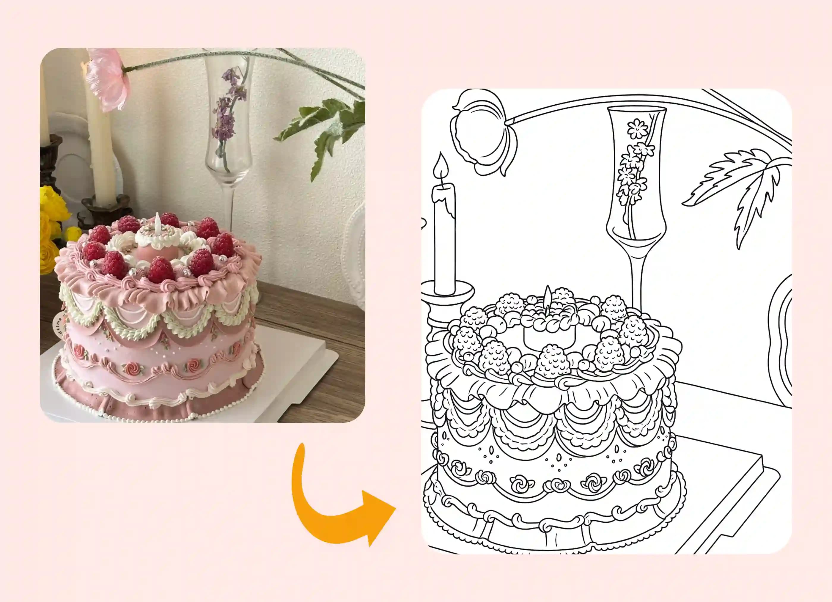 Elegante torta rosa trasformata in un bellissimo design di pagina da colorare.