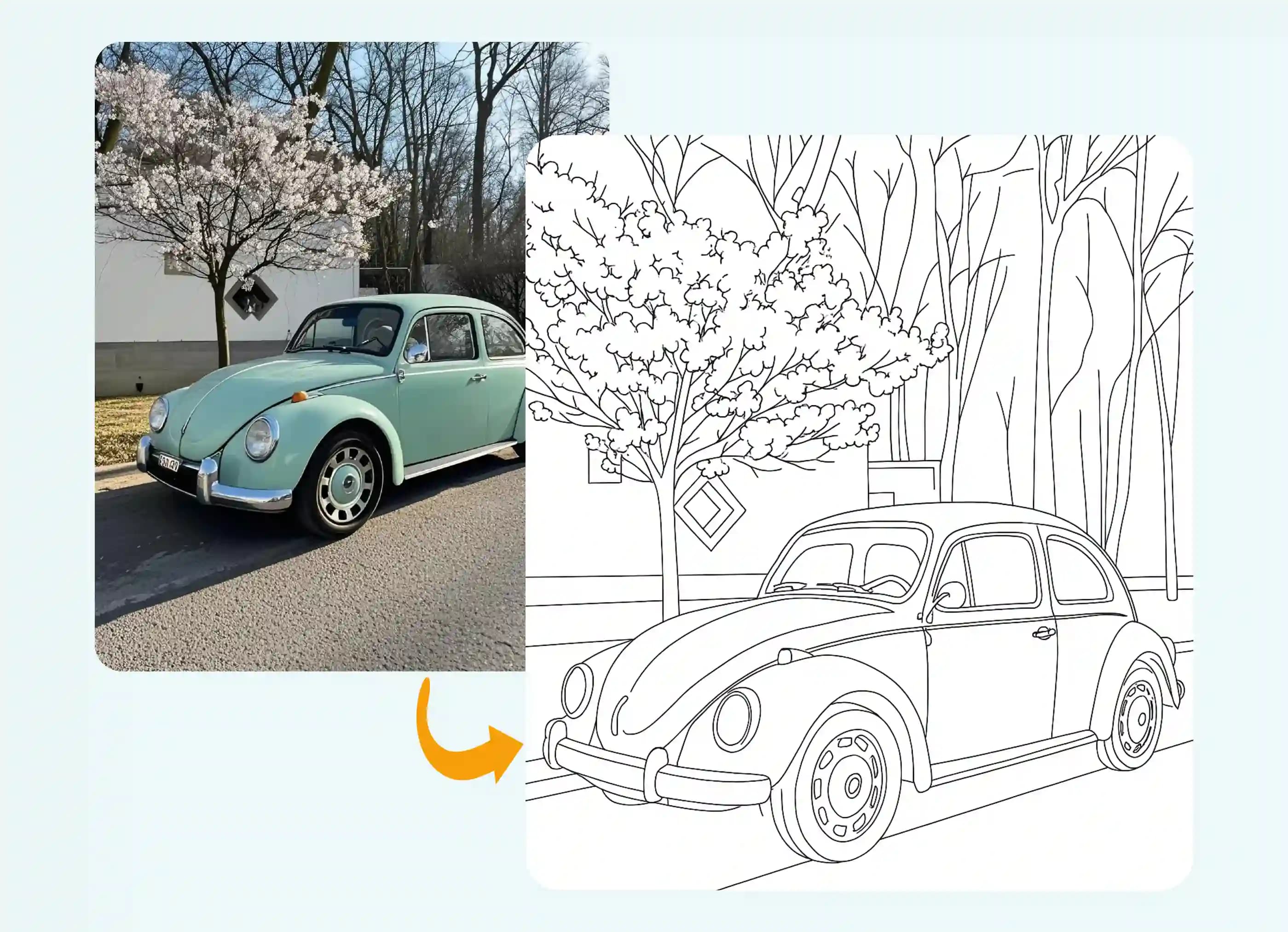 Auto d'epoca con fiori di ciliegio trasformata in pagina da colorare artistica.