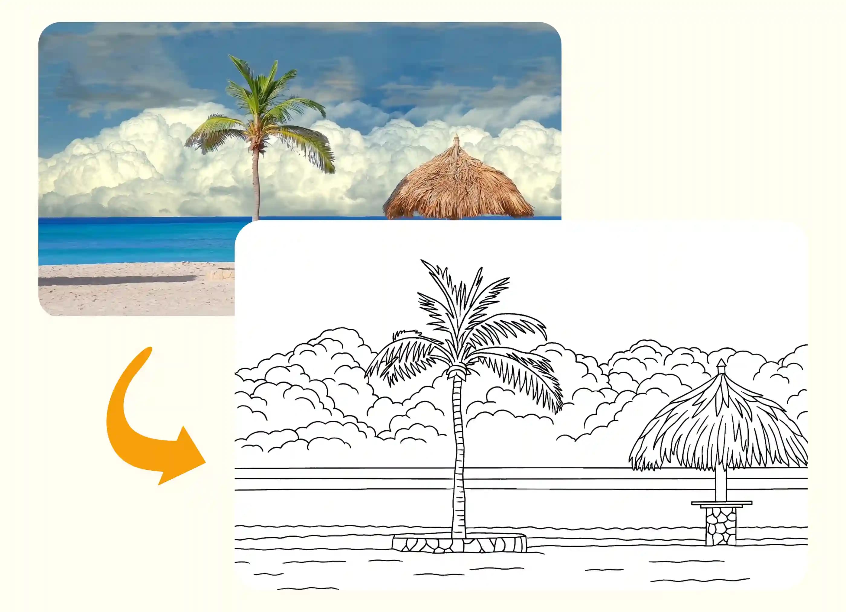 Vista spiaggia con palma e capanna trasformata in disegno al tratto stampabile.
