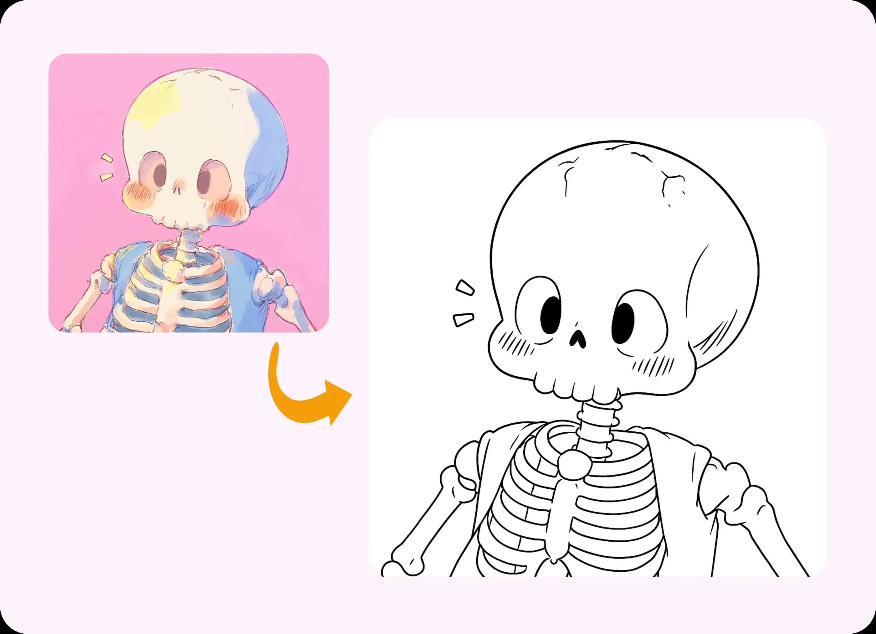 Simpatico scheletro dei cartoni animati convertito in divertente arte da colorare stampabile.