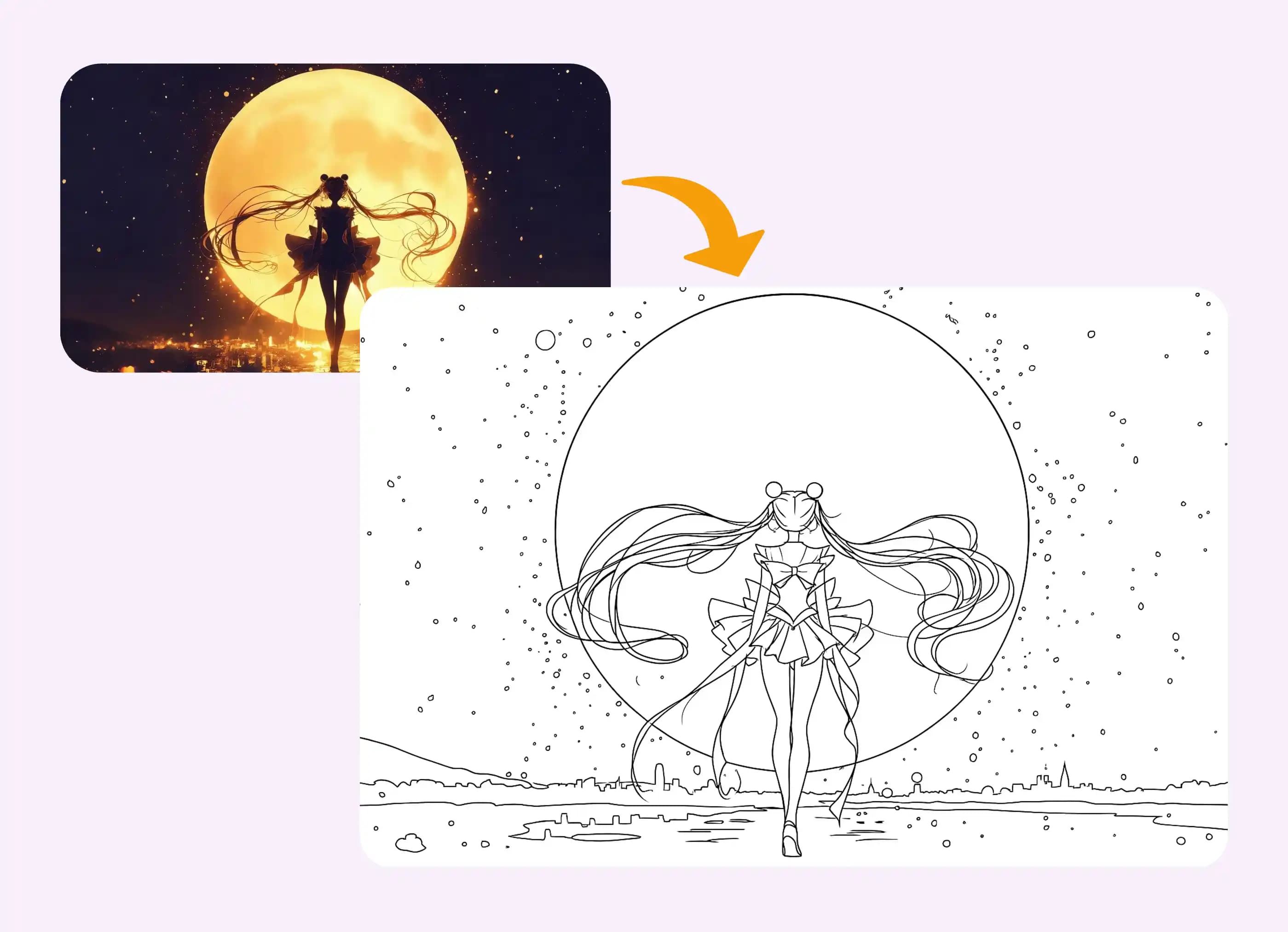 Silhouette illuminata dalla luna trasformata in magico disegno al tratto per divertimento da colorare.