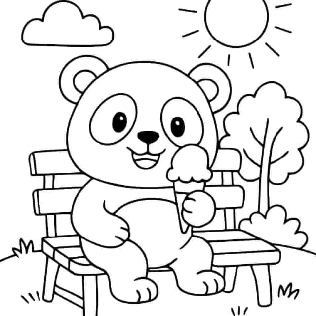 A happy panda eating ice cream on a park bench.