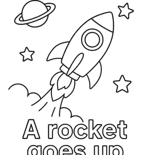 A cartoon rocket blasting off into space.