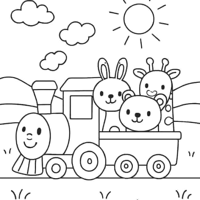 A toy train with cute animal passengers traveling through hills.