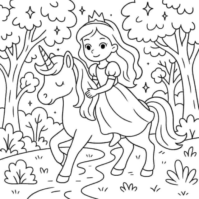 A princess riding a majestic unicorn in an enchanted forest.
