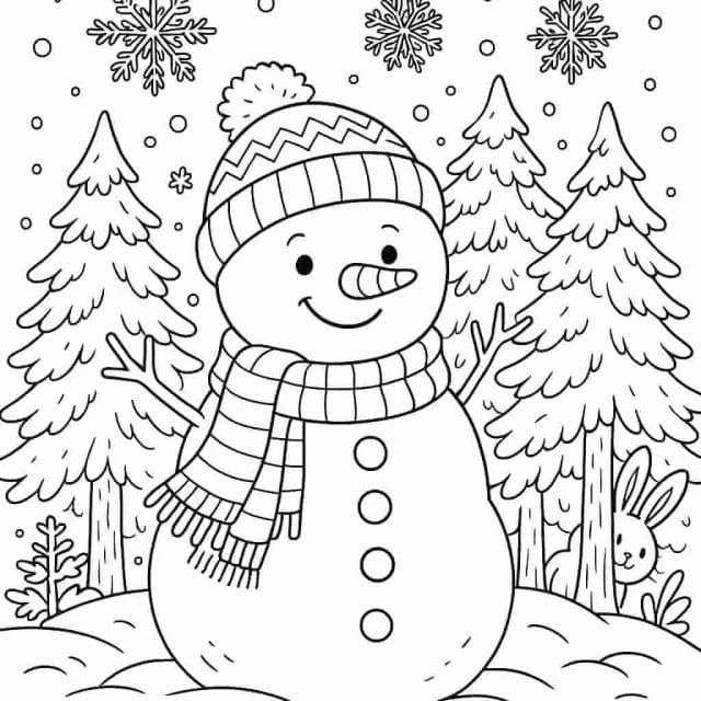 A cheerful snowman in a snowy winter landscape.