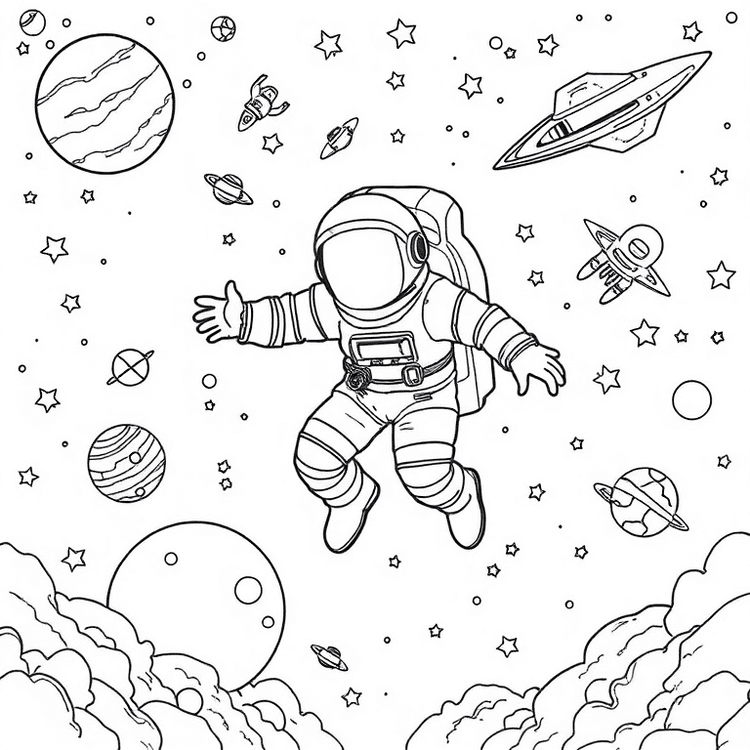 Coloring page of an astronaut surrounded by planets, stars, and spaceships