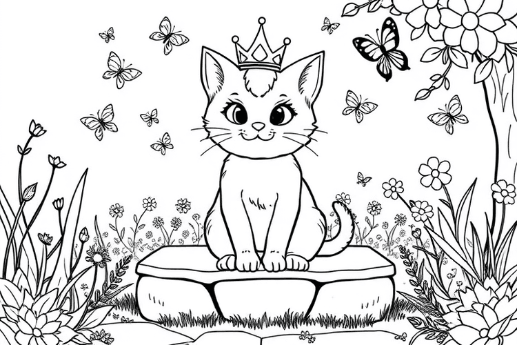 Coloring page of a cute cat wearing a crown, sitting on a stone bench with butterflies in a garden