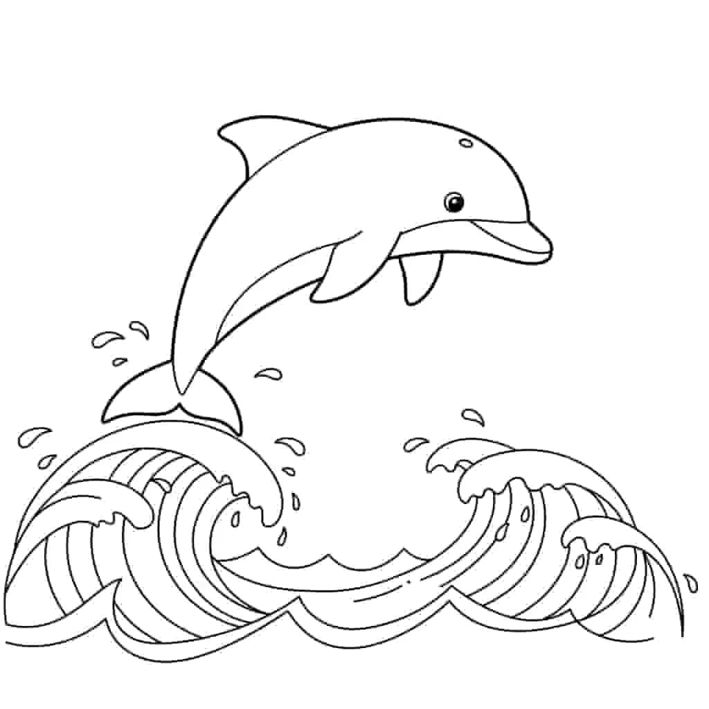 Image for prompt: Line art of a baby dolphin leaping from the ocean.
