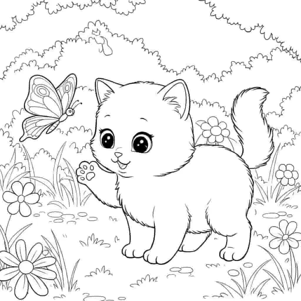 Image for prompt: Outline of a cute kitten chasing a butterfly.