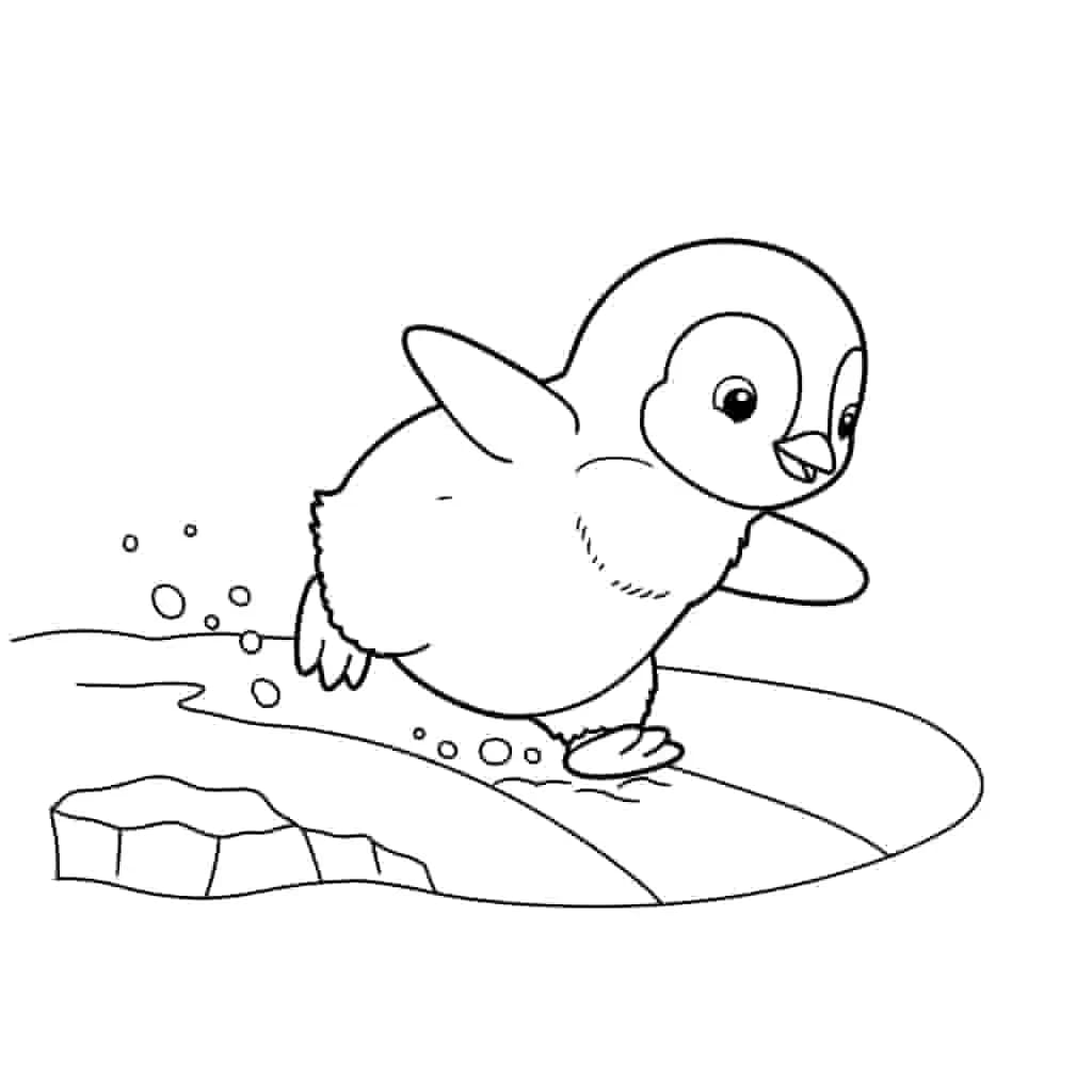 Image for prompt: Drawing of a baby penguin sliding on its belly.