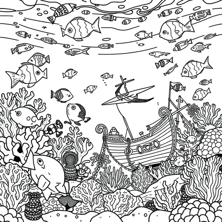 Coloring page of an underwater world featuring fish, coral reefs, and a sunken treasure ship