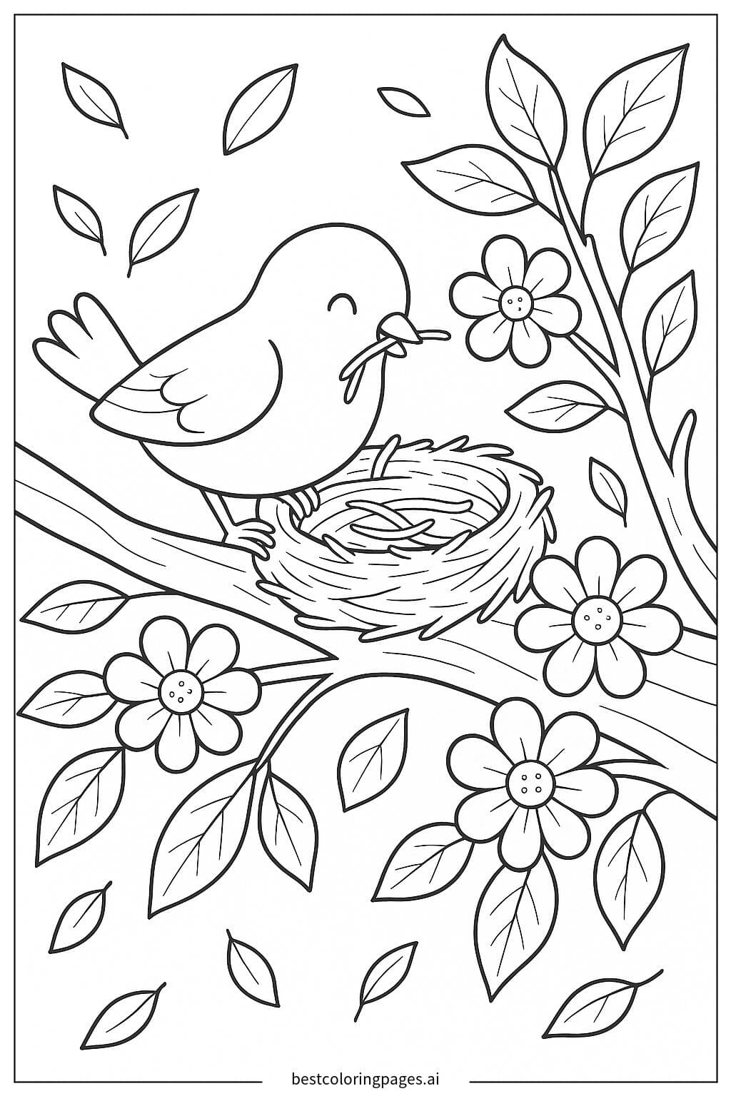 A Bird Building a Nest in a Tree Coloring Page