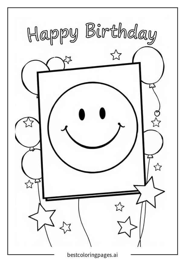 Dibujos de Una tarjeta de cumpleaños con una cara sonriente para Colorear