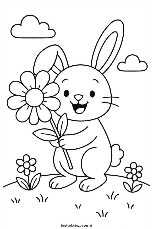 小兔子捧着花 涂色页