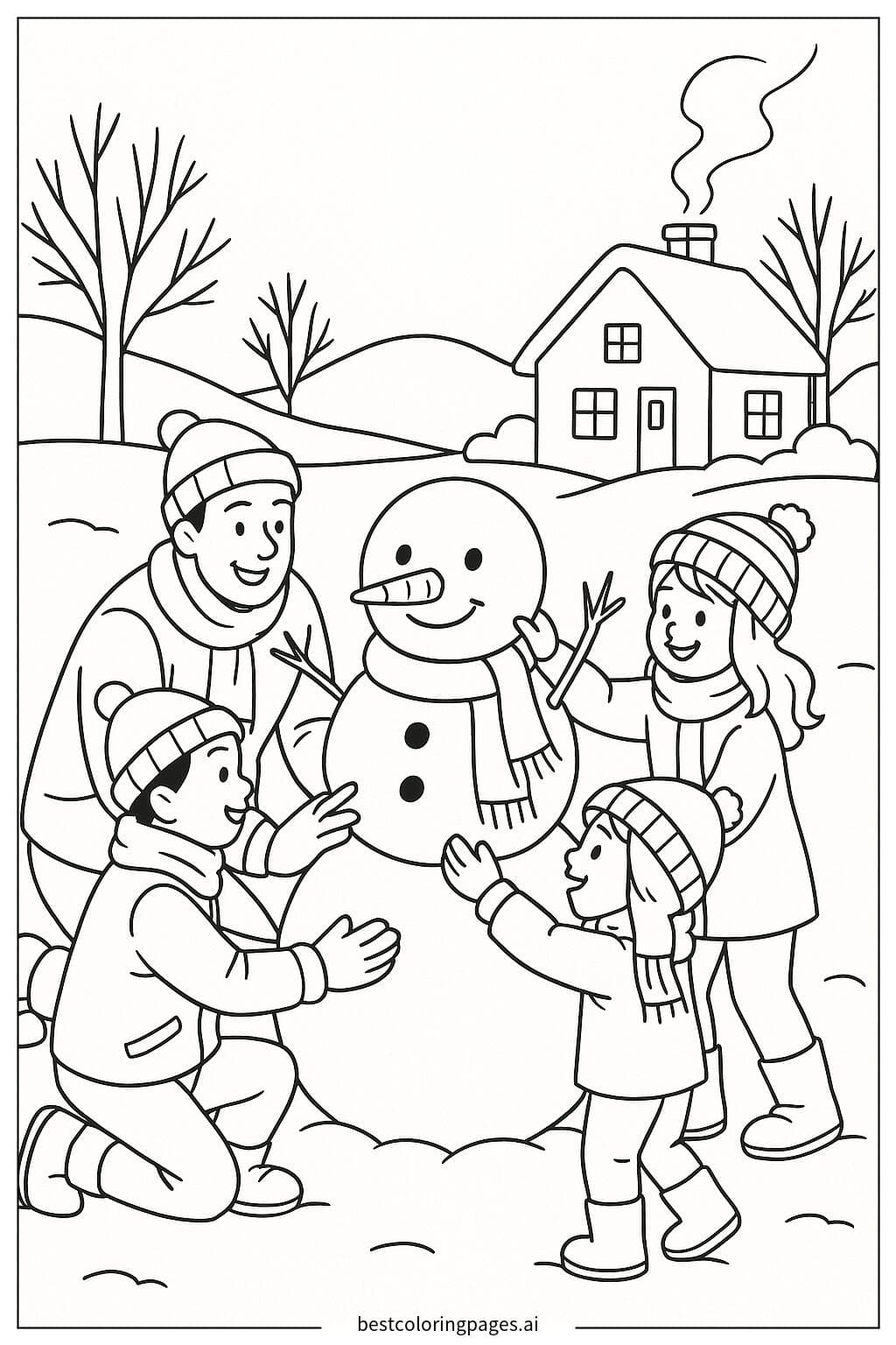 A Family Building a Snowman Coloring Page
