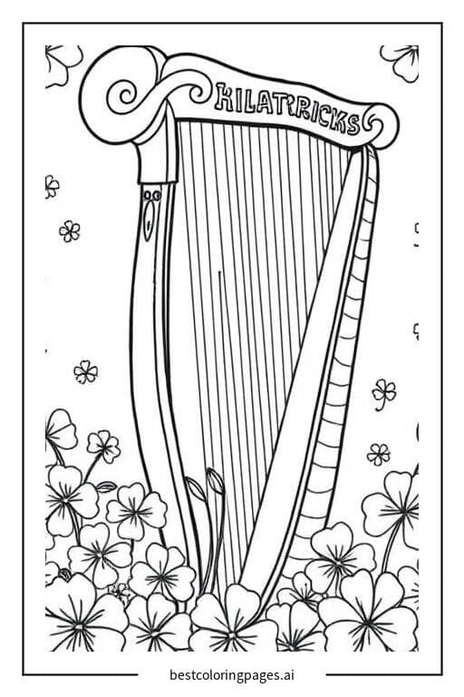 Harp Surrounded by Shamrocks Coloring Page