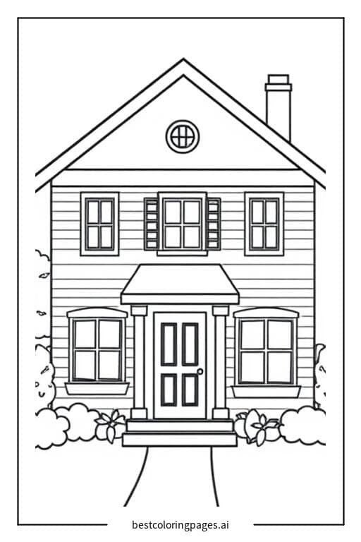 Desenhos de Uma casa com porta da frente e janelas para Colorir