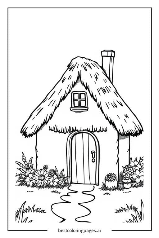 Desenhos de Uma pequena cabana com telhado de palha para Colorir