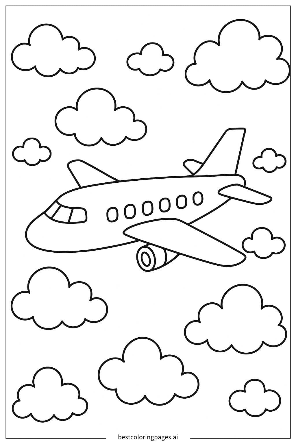 ふわふわの雲の中を飛ぶ飛行機 のぬりえ