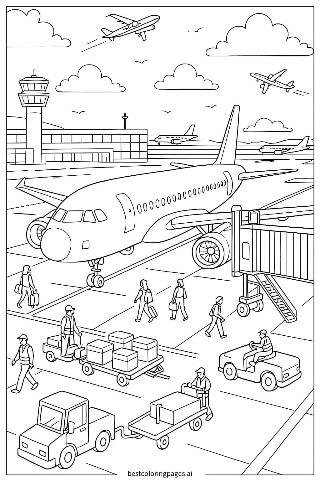 Avião em uma cena movimentada no aeroporto