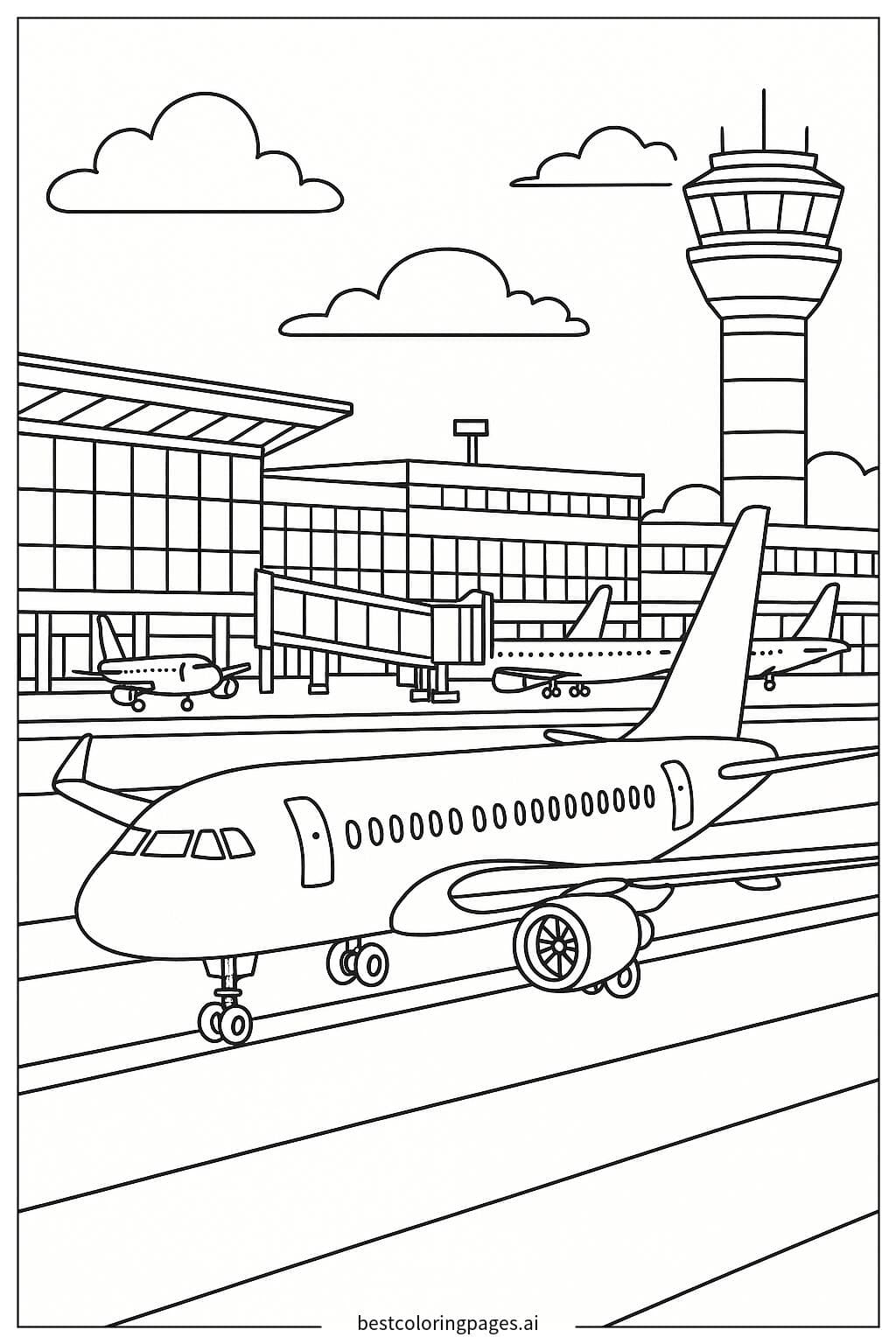 Disegni di Aereo con Scena di Aeroporto Affollato da Colorare