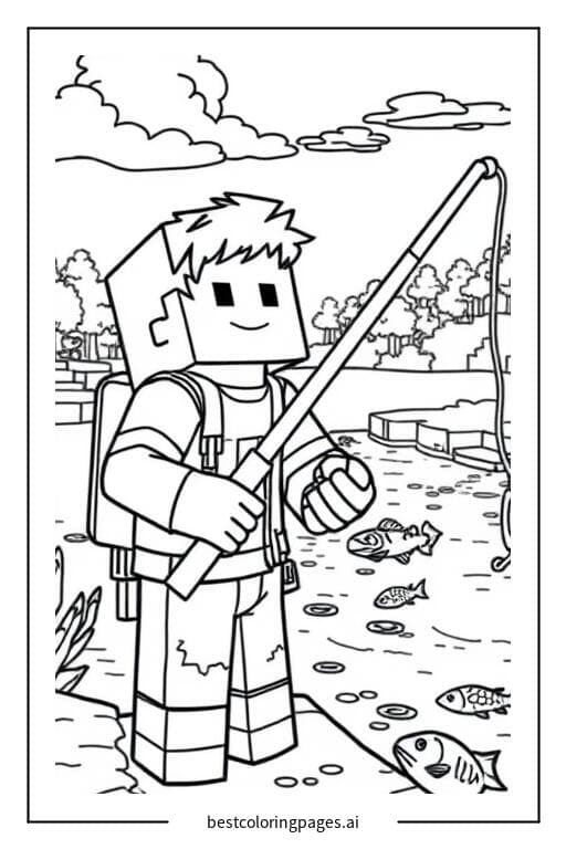 Alex Fishing by a River in Minecraft Coloring Page