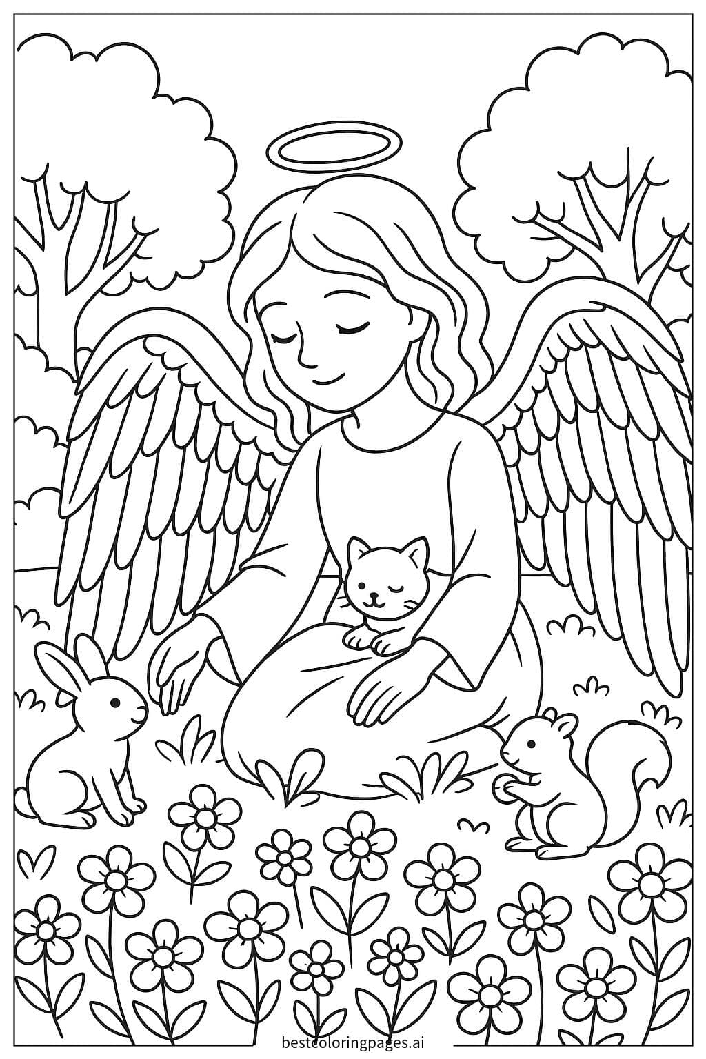 Anjo brincando com animais em um jardim