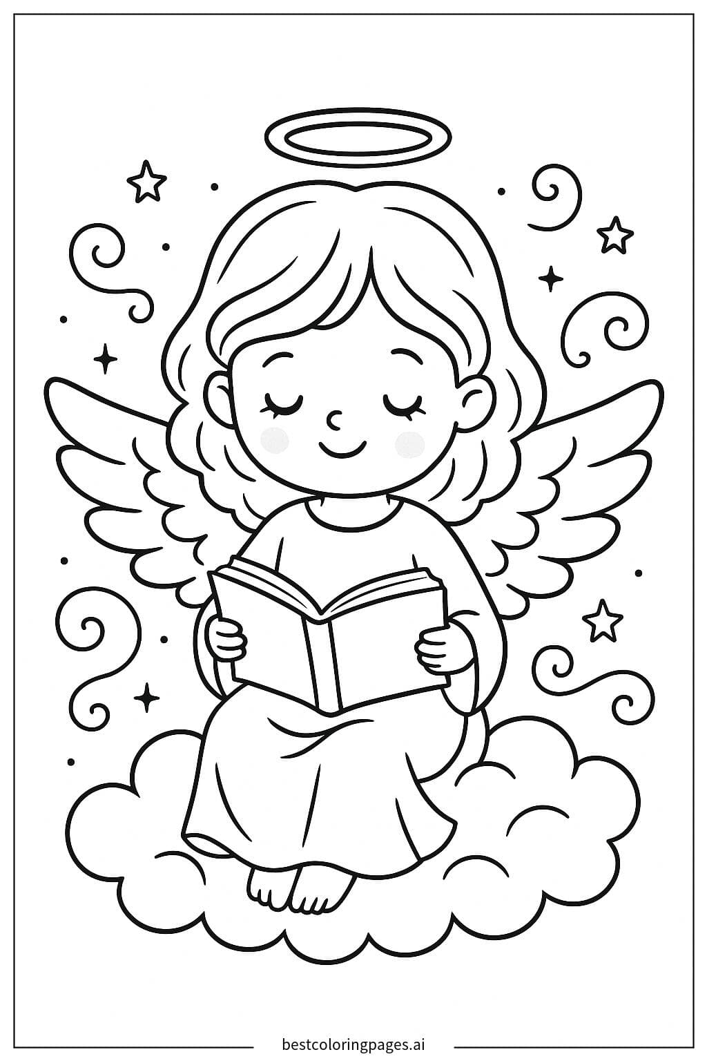 Anjo lendo um livro nas nuvens