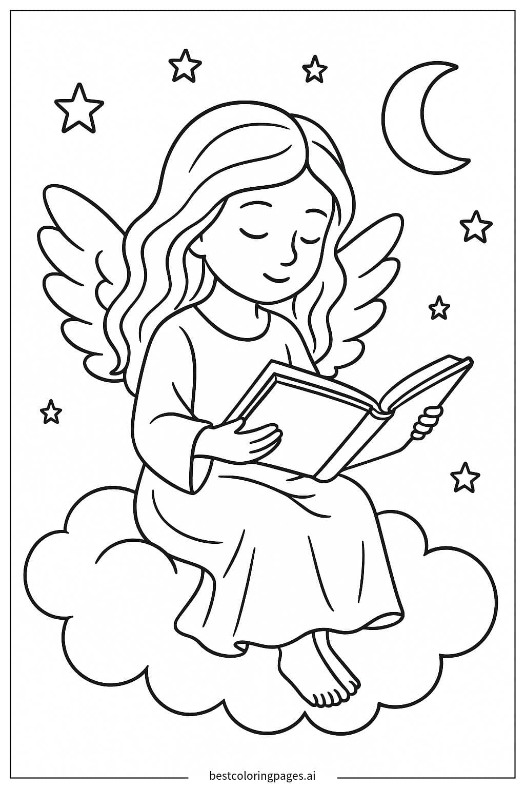 Desenhos de Anjo Lendo um Livro para Colorir