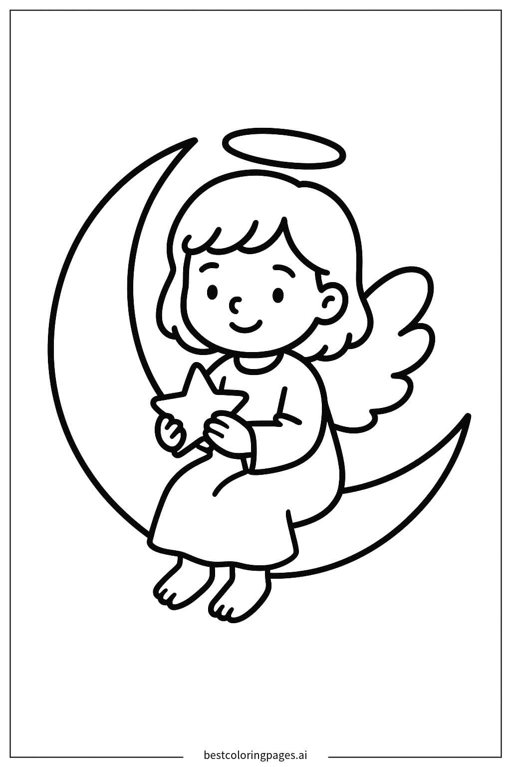 Angel on a Crescent Moon Coloring Page