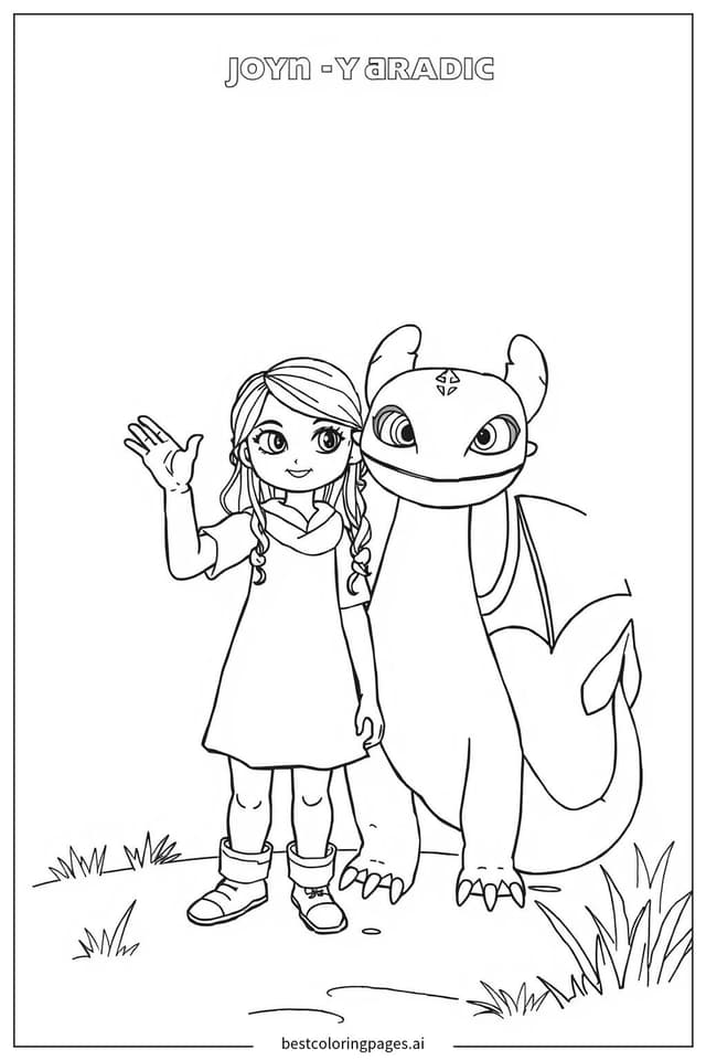 Astrid Waving with Stormfly by Her Side Coloring Page