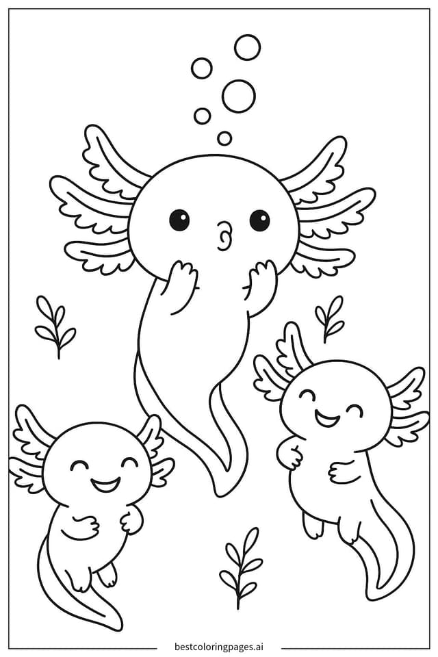Axolotl Blowing Bubbles with Friends Coloring Pages