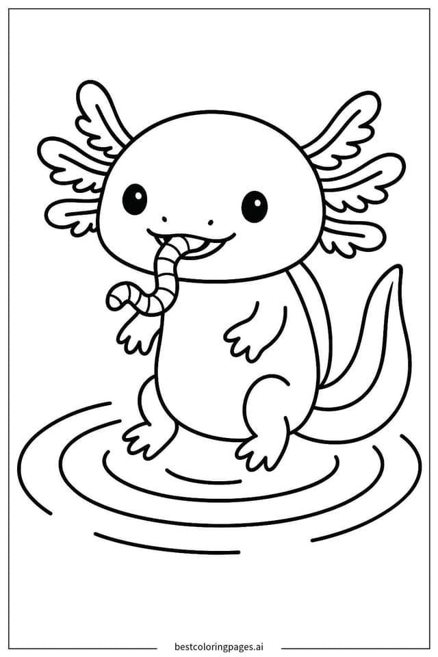 Axolotl Enjoying a Worm Snack Coloring Page