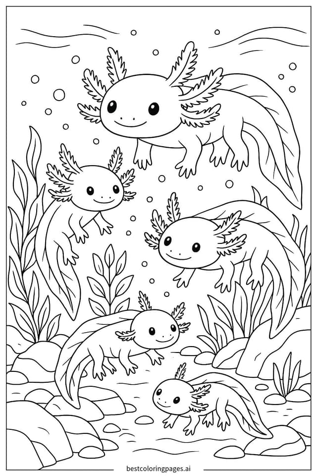 Axolotl Family Gathering Coloring Page
