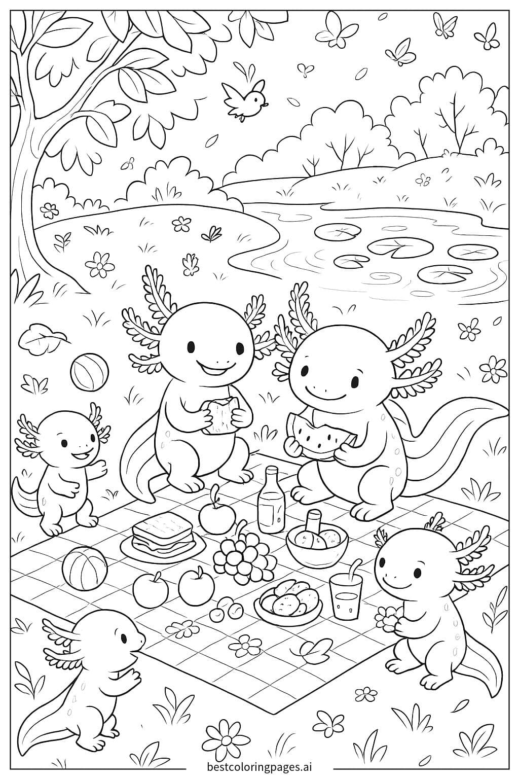 Axolotl Family Picnic Adventure Coloring Page